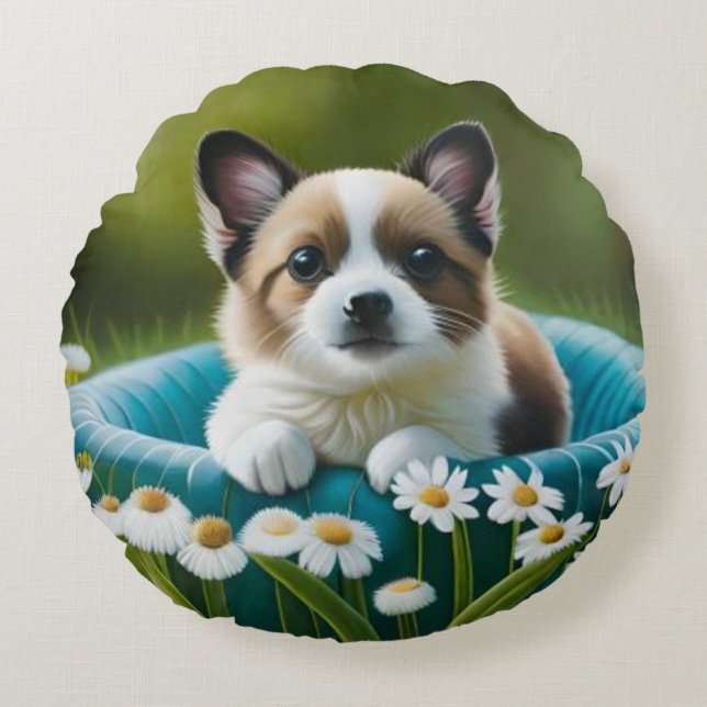Floral cute little dog in dazies round cushion (Front)