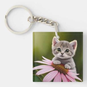 Floral cute little grey cat key ring