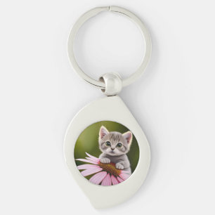 Floral cute little grey cat key ring