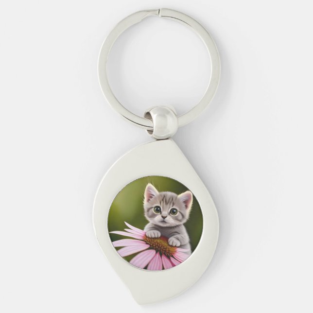 Floral cute little grey cat  key ring (Front)
