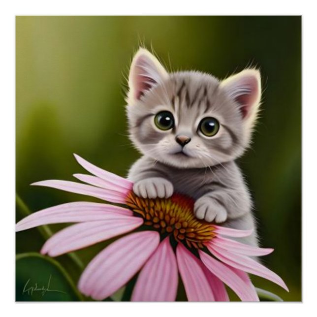 Floral cute little grey cat  poster (Front)