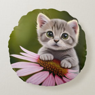 Floral cute little grey cat round cushion