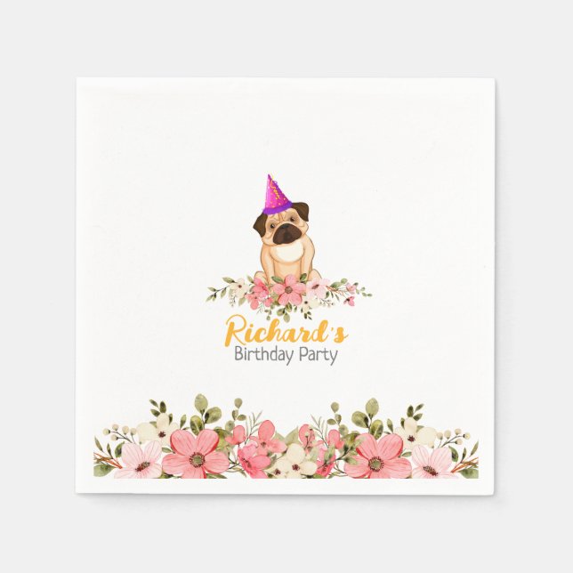 Floral Cute Puppy Kids Birthday Napkin (Front)