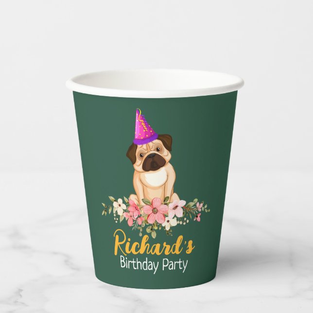 Floral Cute Puppy Kids Birthday Paper Cups (Front)