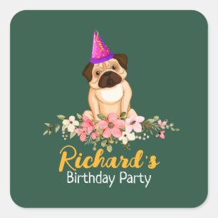 Floral Cute Puppy Kids Birthday Square Sticker
