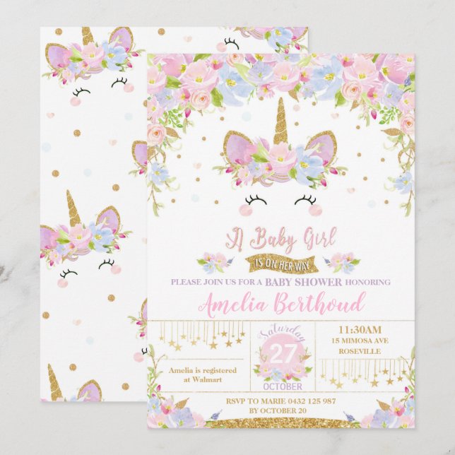 Floral Cute Unicorn Baby Shower Invitation Girl (Front/Back)