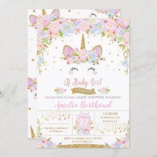 Floral Cute Unicorn Baby Shower Invitation Girl