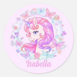 Floral Cute Unicorn Butterfly Personalised Name  Classic Round Sticker