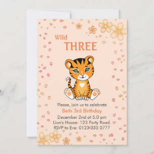 Floral Cute Wild Three Tiger 3rd Birthday Invitati Invitation