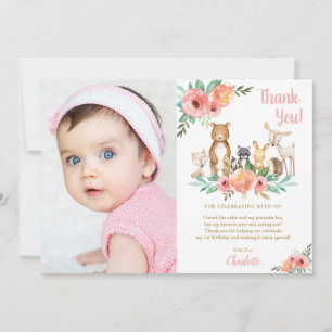 Floral Cute Woodland Animals Girl Birthday Photo Thank You Card