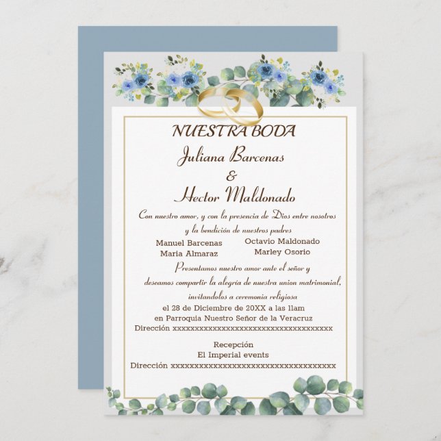 FLORAL CYAN BLUE NUESTRA BODA INVITATION (Front/Back)