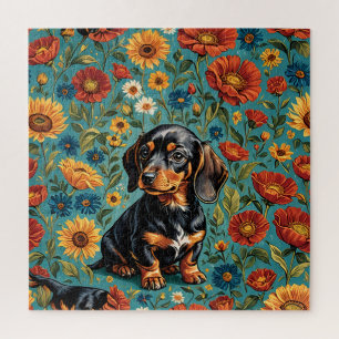 "Floral Dachshund Delight – Colourful Dog Puzzle" Jigsaw Puzzle