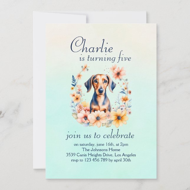 Floral Dachshund Dog Birthday Invitation (Front)
