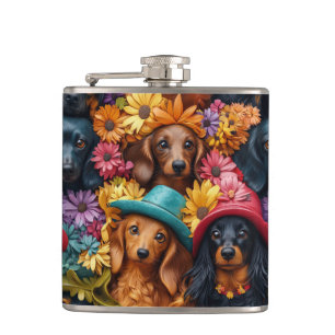 Floral Dachshund Seamless Pattern - Dog Lovers Hip Flask