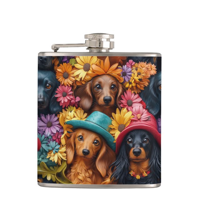 Floral Dachshund Seamless Pattern - Dog Lovers Hip Flask (Front)