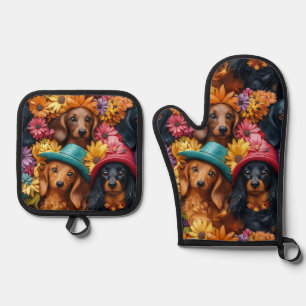 Floral Dachshund Seamless Pattern - Dog Lovers Oven Mitt & Pot Holder Set