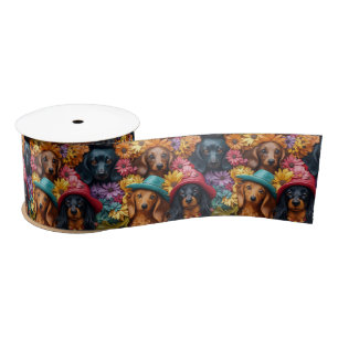 Floral Dachshund Seamless Pattern - Dog Lovers Satin Ribbon
