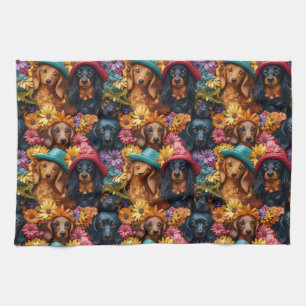 Floral Dachshund Seamless Pattern - Dog Lovers Tea Towel