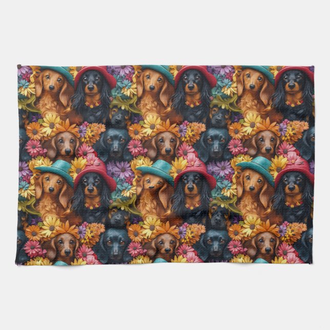 Floral Dachshund Seamless Pattern - Dog Lovers Tea Towel (Horizontal)