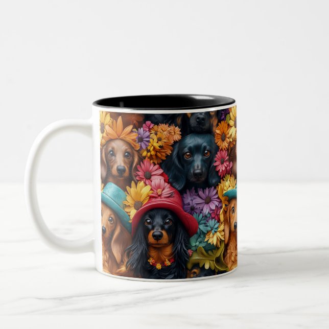 Floral Dachshund Seamless Pattern - Dog Lovers Two-Tone Coffee Mug (Left)