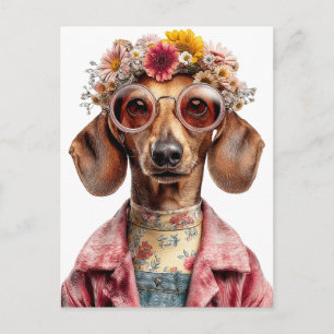 Floral Dachshund with Vintage Style Postcard
