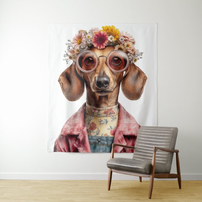 Floral Dachshund with Vintage Style Tapestry (In Situ)