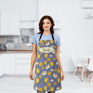 Floral Daffodil Flower Pattern with Custom Name Apron
