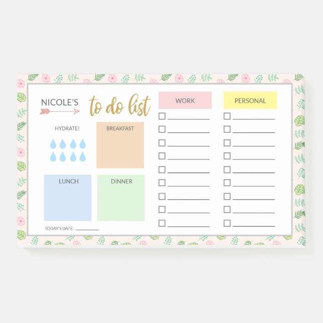 Floral Daily Organiser - Hydrate - To Do List Post-it Notes (Front)