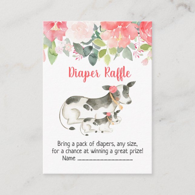 Floral Dairy Cow Baby Shower Diaper Raffle Cards (Front)