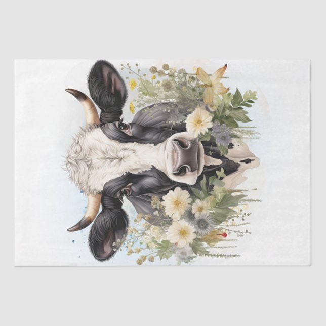 Floral Dairy Cow Holstein Friesian Watercolor Tissue Paper (Front)