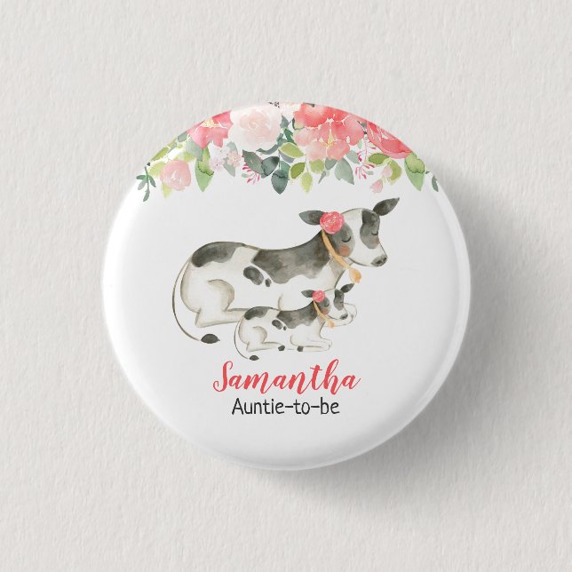 Floral Dairy Cow Name Tag Customised Button (Front)