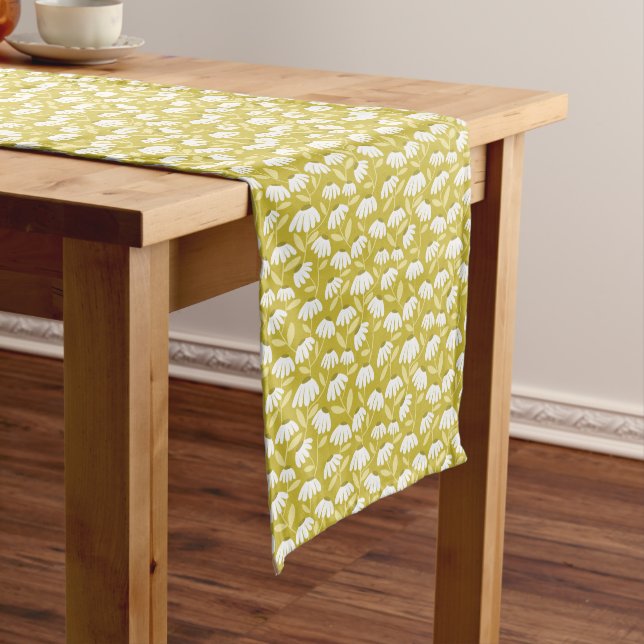 Floral Daisies Pattern Dark Gold & Olive Green Medium Table Runner (In Situ)