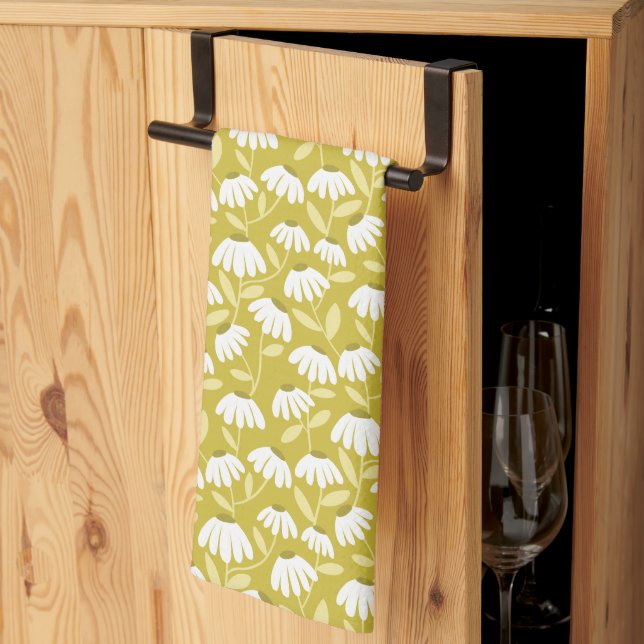 Floral Daisies Pattern Dark Gold & Olive Green Tea Towel (Thirds Fold)
