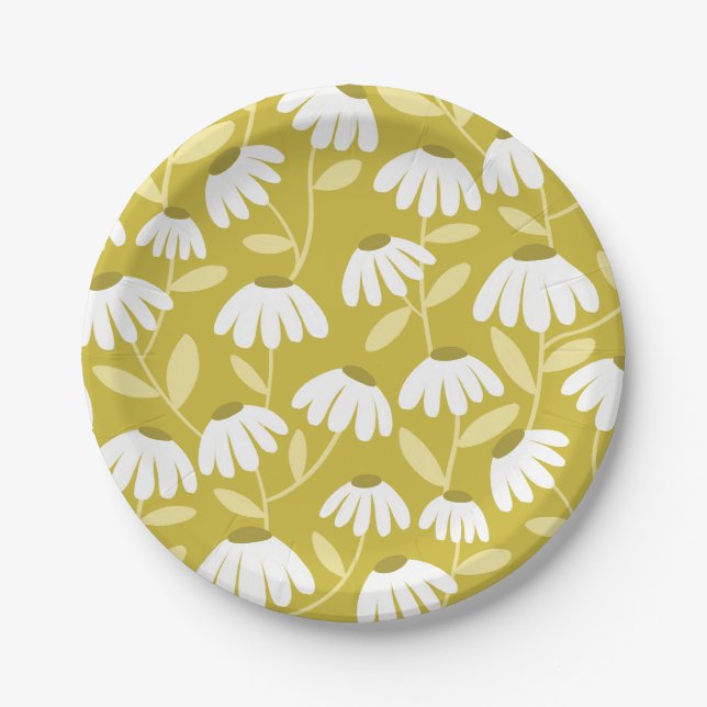Floral Daisies Pattern Olive & Mustard Green Paper Plate (Front)