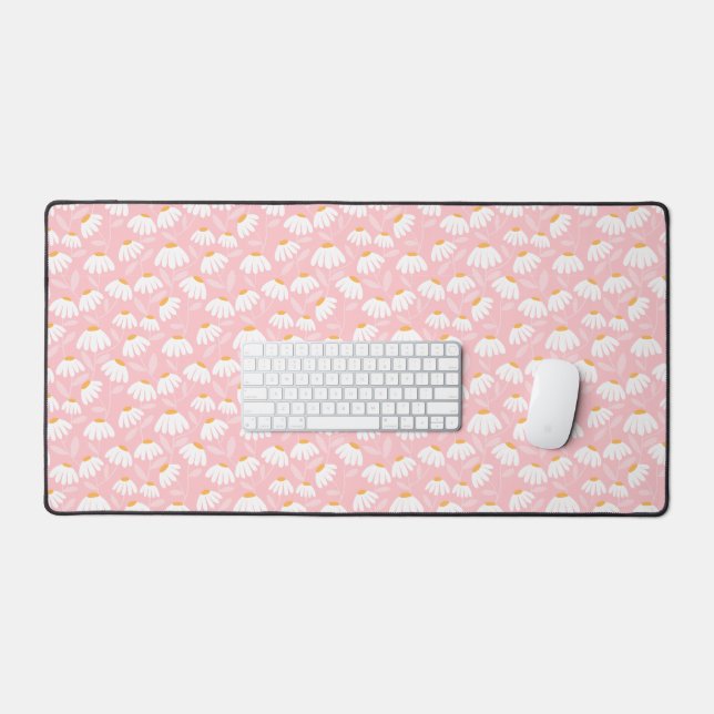 Floral Daisies Pattern Pink & White Desk Mat (Keyboard & Mouse)