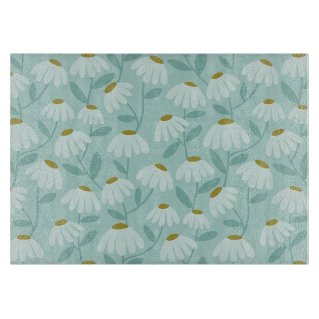Floral Daisies Pattern Teal Blue & Olive Green Cutting Board (Front)