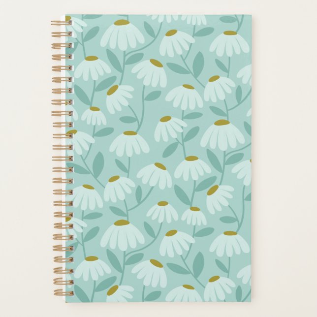 Floral Daisies Pattern Teal Blue & Olive Green Planner (Front)