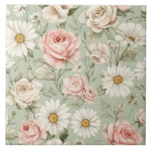 Floral Daisies Roses Watercolor Design Tile