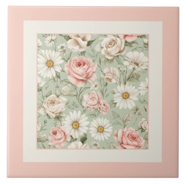 Floral Daisies Roses Watercolor Pink Tile (Front)