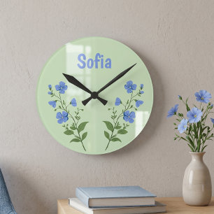 Floral daisy modern personalised cute elegant blue round clock