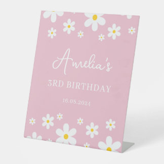 Floral Daisy Pink Birthday Party Pedestal Sign