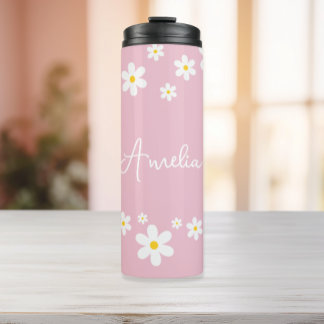 Floral Daisy Pink Personalized Thermal Tumbler