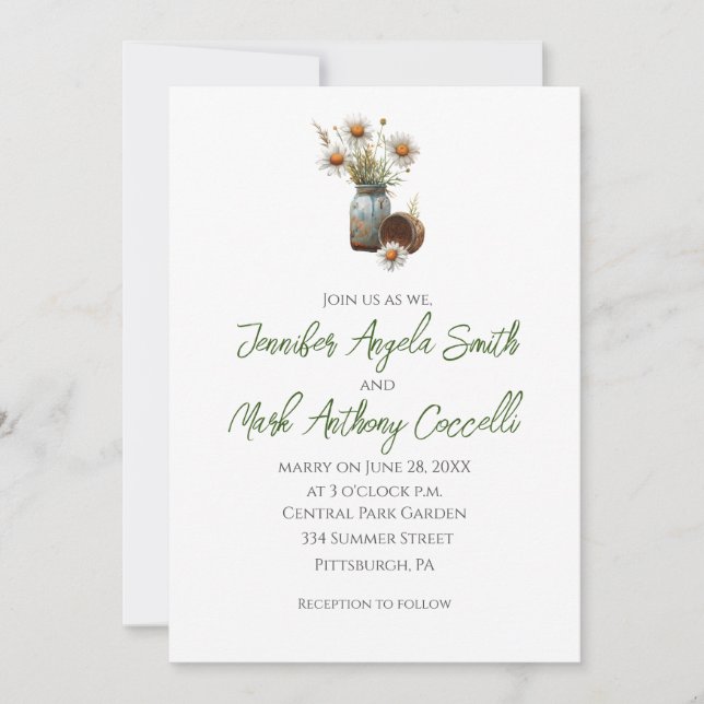 Floral Daisy Wedding Invitations Rustic Mason Jar (Front)