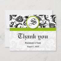 Floral Damask Black and White with Green Trim