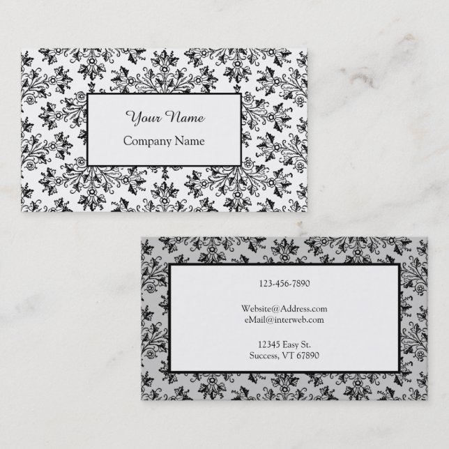 Floral Damask Black White Editable Business Cards (Front/Back)