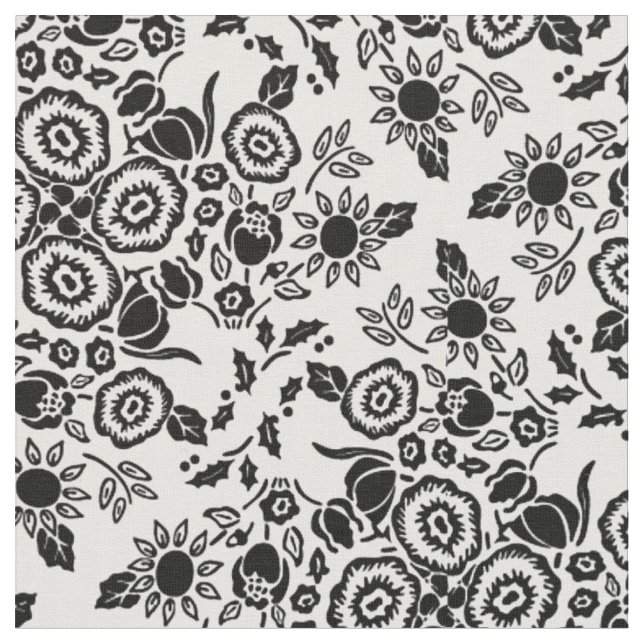 Floral Damask Black White Fabric (Close Up)