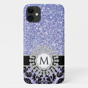 Floral Damask Bling Glitter Blue Silver Monogram Case-Mate iPhone Case