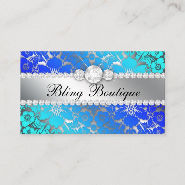 Floral Damask Blue Sea Silver Jewellery Business Card (Front)