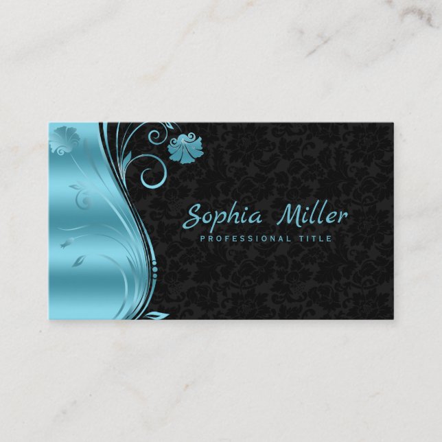 Floral Damask Blue Swirl Business Card (Front)