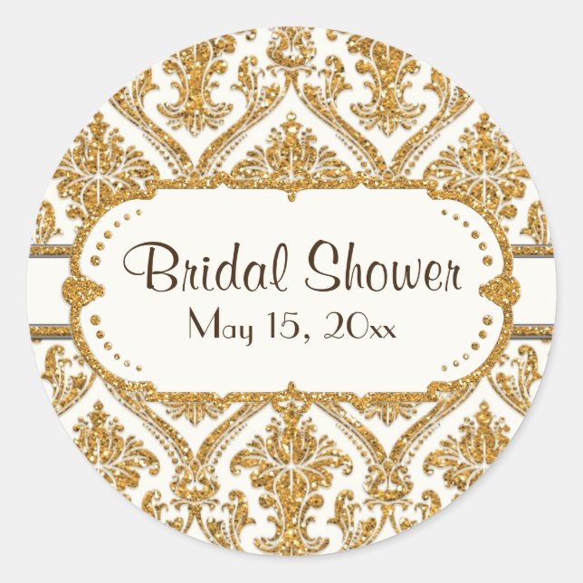 Floral Damask Elegant Gold Glitter Bridal Shower Classic Round Sticker (Front)